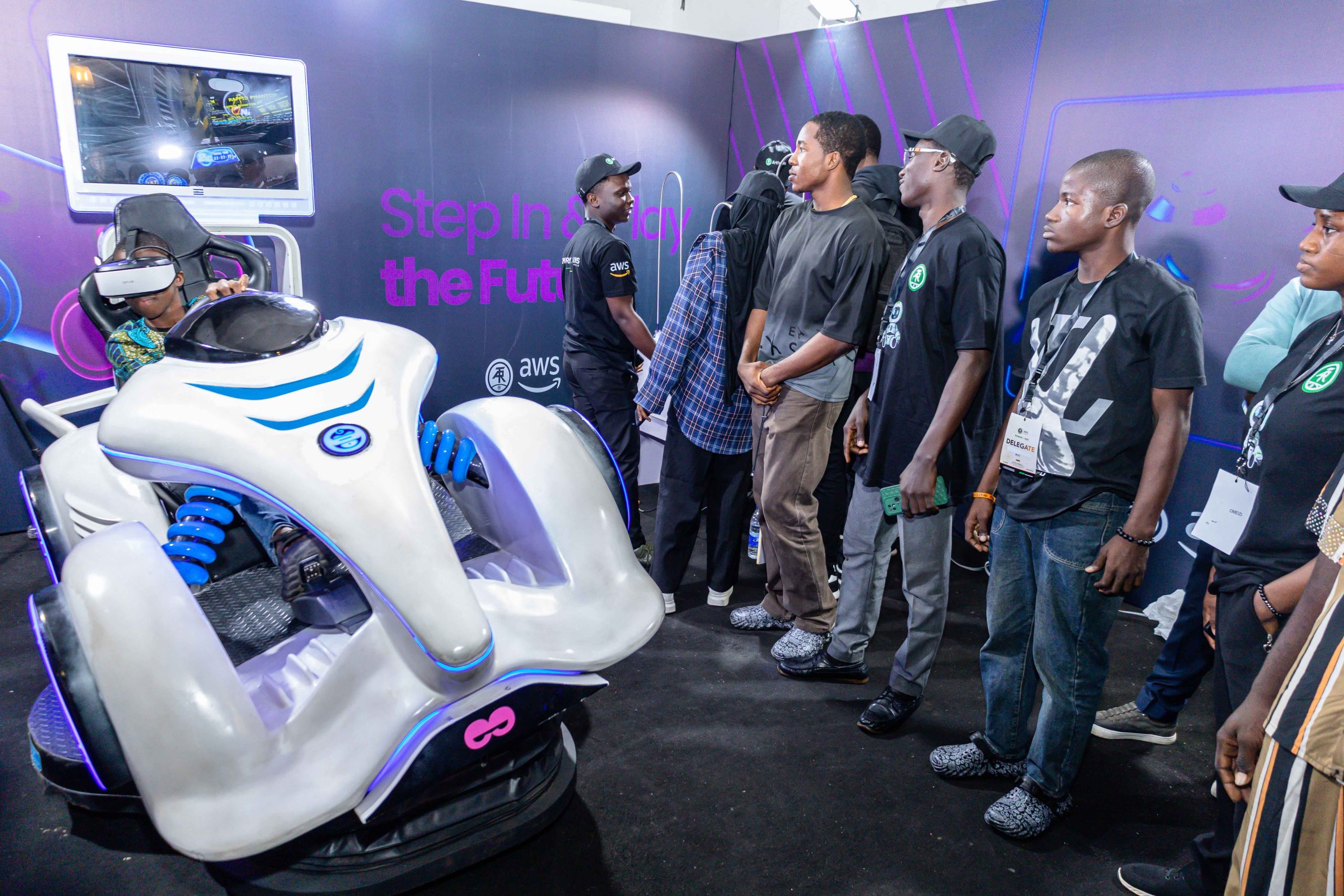 A stylized Lagos skyline merging with virtual reality graphics, symbolizing tech and culture.