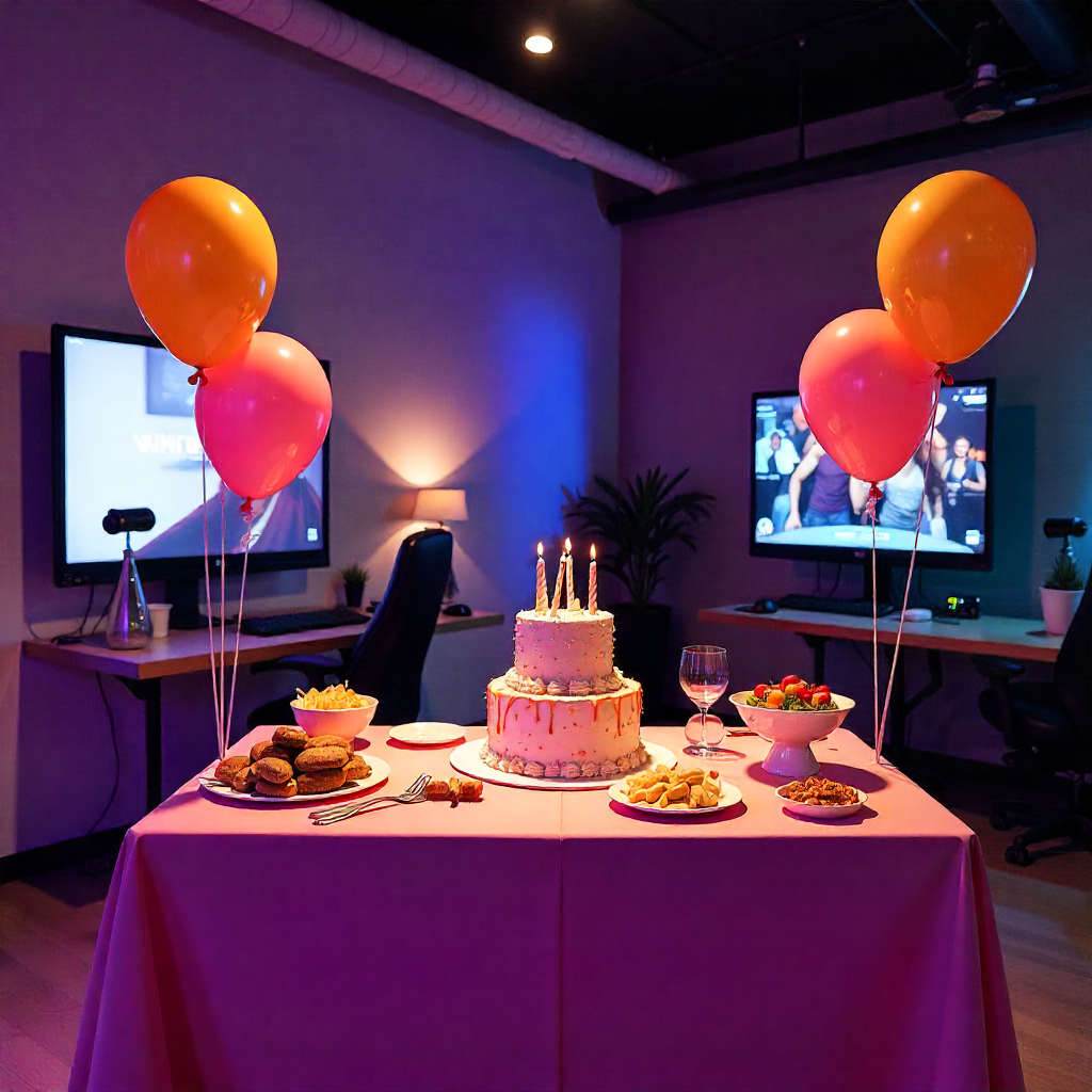 A birthday table setup inside Enzo Reality — cake, balloons, and food beside gaming equipment.