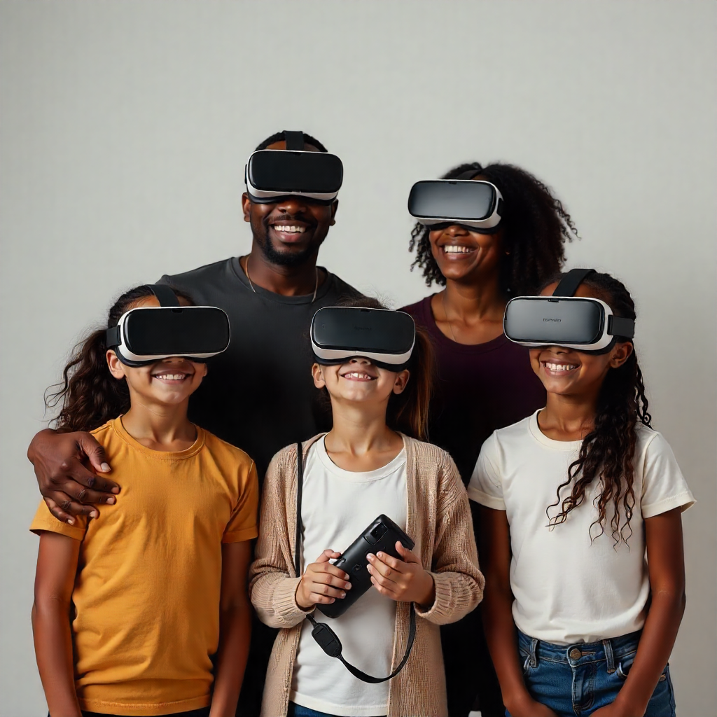 Parents and kids taking a group photo with VR gear on.